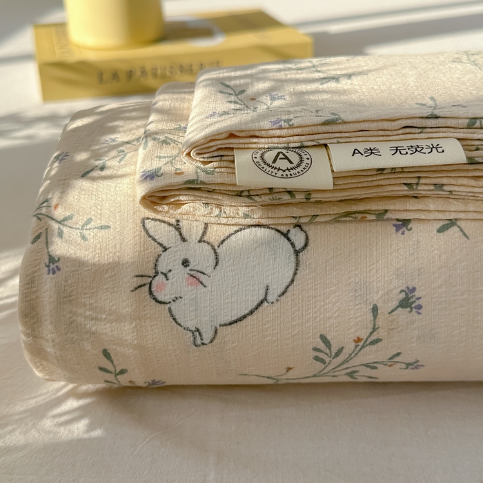 91家纺网 家纺一手货源 找家纺 韩巢家纺 2025新款云感提花双层纱床单被单枕套三件套 森田野园