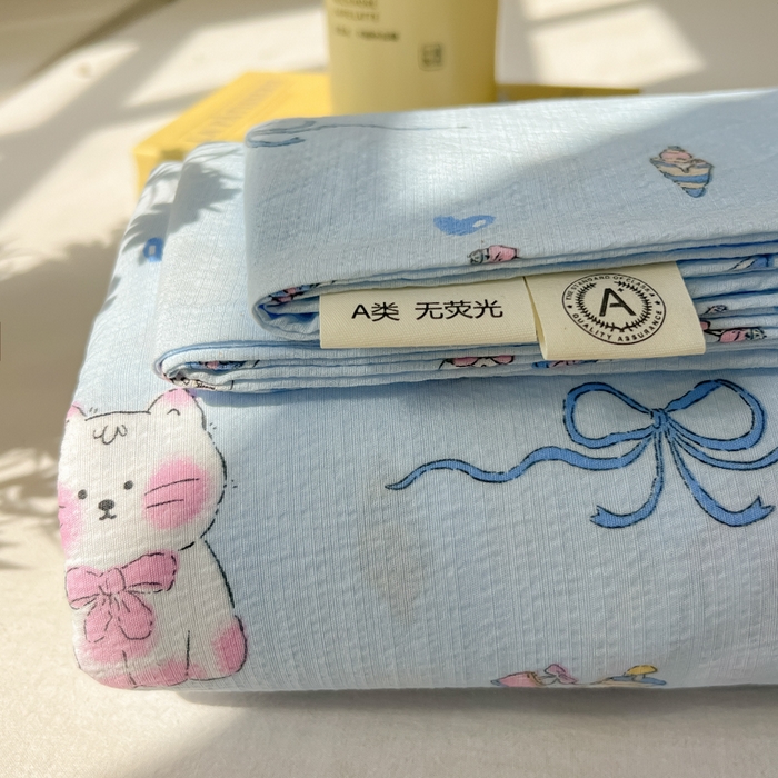 91家纺网 家纺一手货源 找家纺 韩巢家纺 2025新款云感提花双层纱床单被单枕套三件套 小猫时光篮