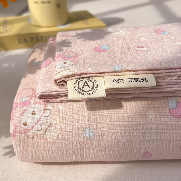 91家纺网 家纺一手货源 找家纺 韩巢家纺 2025新款云感提花双层纱床单被单枕套三件套 小美冰激凌