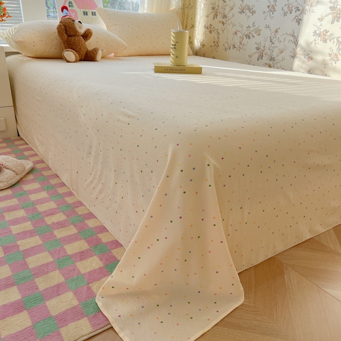 91家纺网 家纺一手货源 找家纺 韩巢家纺 2025新款云感提花双层纱床单被单枕套三件套 波点世界