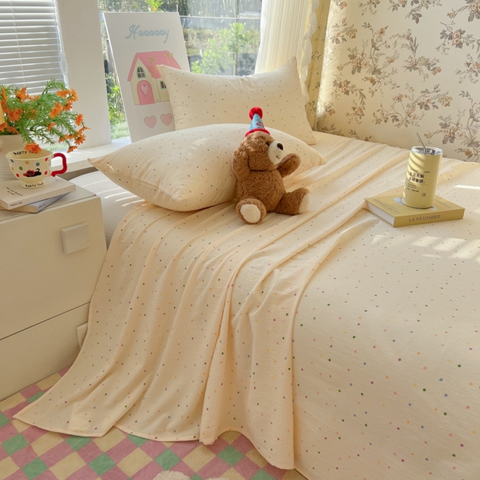 91家纺网 家纺一手货源 找家纺 韩巢家纺 2025新款云感提花双层纱床单被单枕套三件套 波点世界