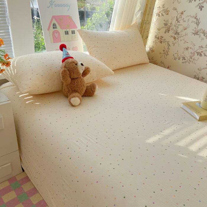 91家纺网 家纺一手货源 找家纺 韩巢家纺 2025新款云感提花双层纱床单被单枕套三件套 波点世界