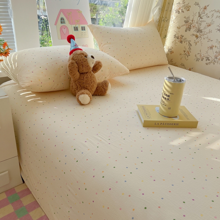 91家纺网 家纺一手货源 找家纺 韩巢家纺 2025新款云感提花双层纱床单被单枕套三件套 波点世界