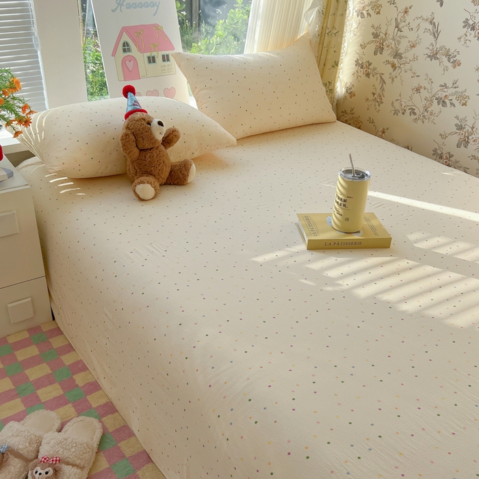 91家纺网 家纺一手货源 找家纺 韩巢家纺 2025新款云感提花双层纱床单被单枕套三件套 波点世界