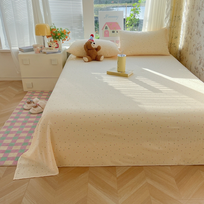 91家纺网 家纺一手货源 找家纺 韩巢家纺 2025新款云感提花双层纱床单被单枕套三件套 波点世界