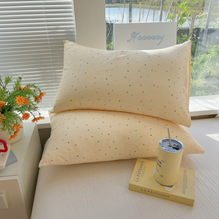 91家纺网 家纺一手货源 找家纺 韩巢家纺 2025新款云感提花双层纱床单被单枕套三件套 波点世界