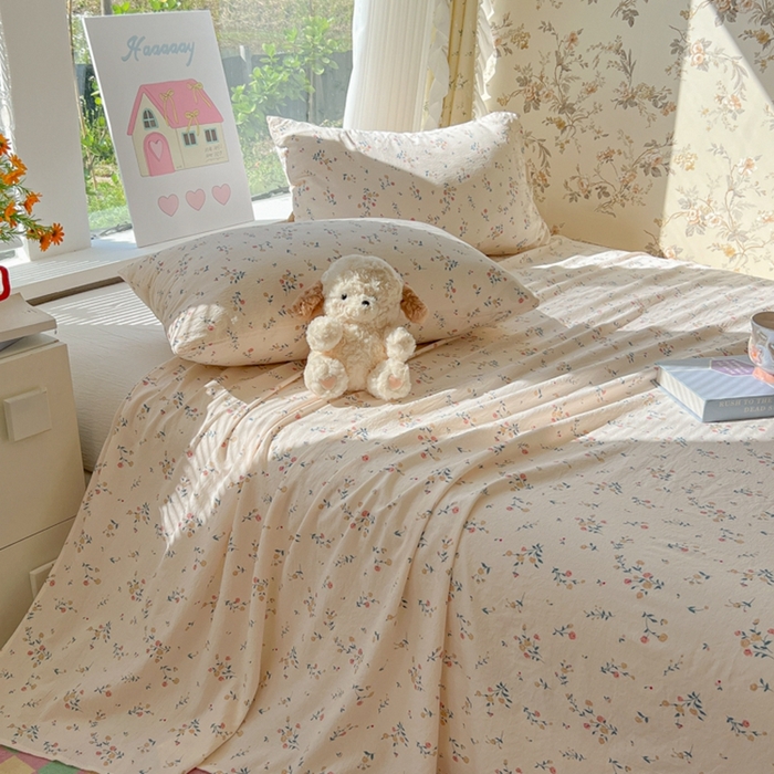 91家纺网 家纺一手货源 找家纺 韩巢家纺 2025新款云感提花双层纱床单被单枕套三件套 春风十里