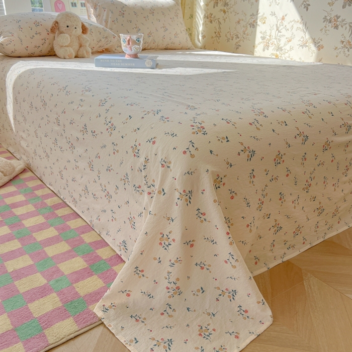 91家纺网 家纺一手货源 找家纺 韩巢家纺 2025新款云感提花双层纱床单被单枕套三件套 春风十里