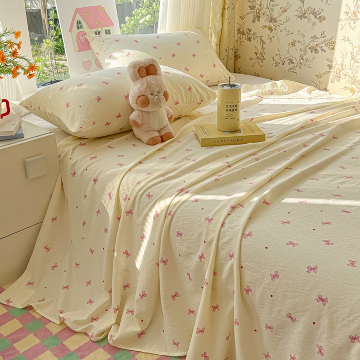 91家纺网 家纺一手货源 找家纺 韩巢家纺 2025新款云感提花双层纱床单被单枕套三件套 粉相思