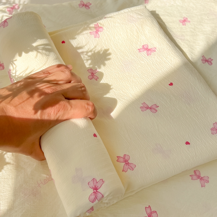 91家纺网 家纺一手货源 找家纺 韩巢家纺 2025新款云感提花双层纱床单被单枕套三件套 粉相思