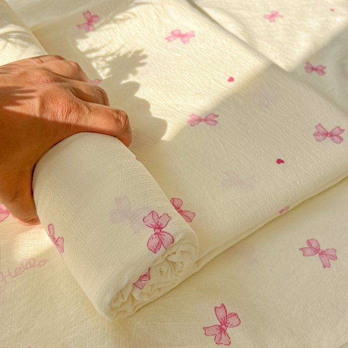 91家纺网 家纺一手货源 找家纺 韩巢家纺 2025新款云感提花双层纱床单被单枕套三件套 粉相思