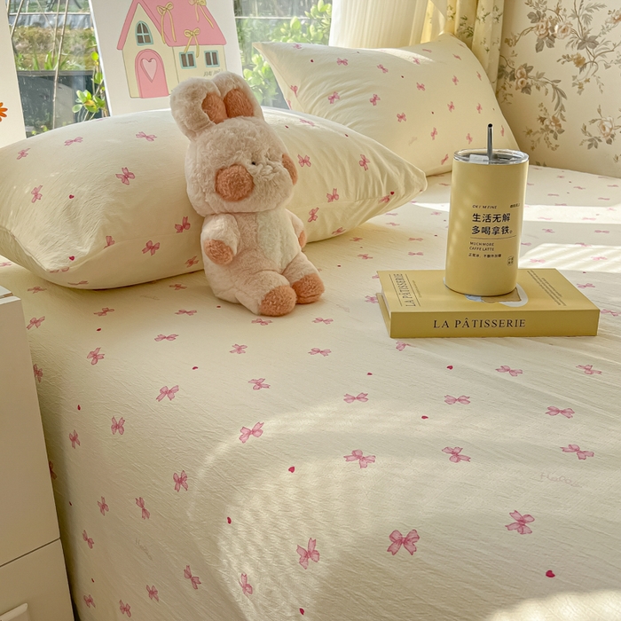 91家纺网 家纺一手货源 找家纺 韩巢家纺 2025新款云感提花双层纱床单被单枕套三件套 粉相思