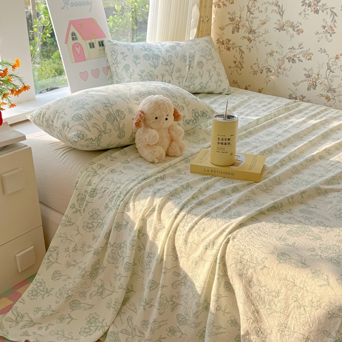 91家纺网 家纺一手货源 找家纺 韩巢家纺 2025新款云感提花双层纱床单被单枕套三件套 海像森林