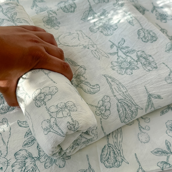 91家纺网 家纺一手货源 找家纺 韩巢家纺 2025新款云感提花双层纱床单被单枕套三件套 海像森林