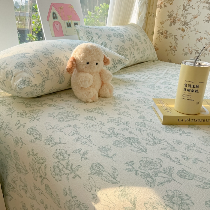 91家纺网 家纺一手货源 找家纺 韩巢家纺 2025新款云感提花双层纱床单被单枕套三件套 海像森林