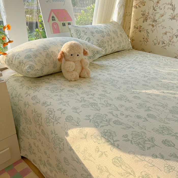 91家纺网 家纺一手货源 找家纺 韩巢家纺 2025新款云感提花双层纱床单被单枕套三件套 海像森林