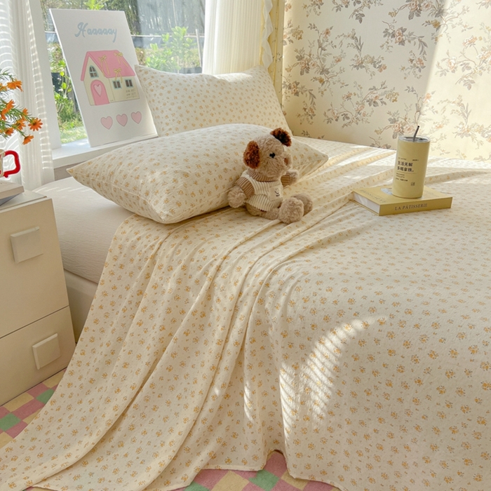 91家纺网 家纺一手货源 找家纺 韩巢家纺 2025新款云感提花双层纱床单被单枕套三件套 橘子海