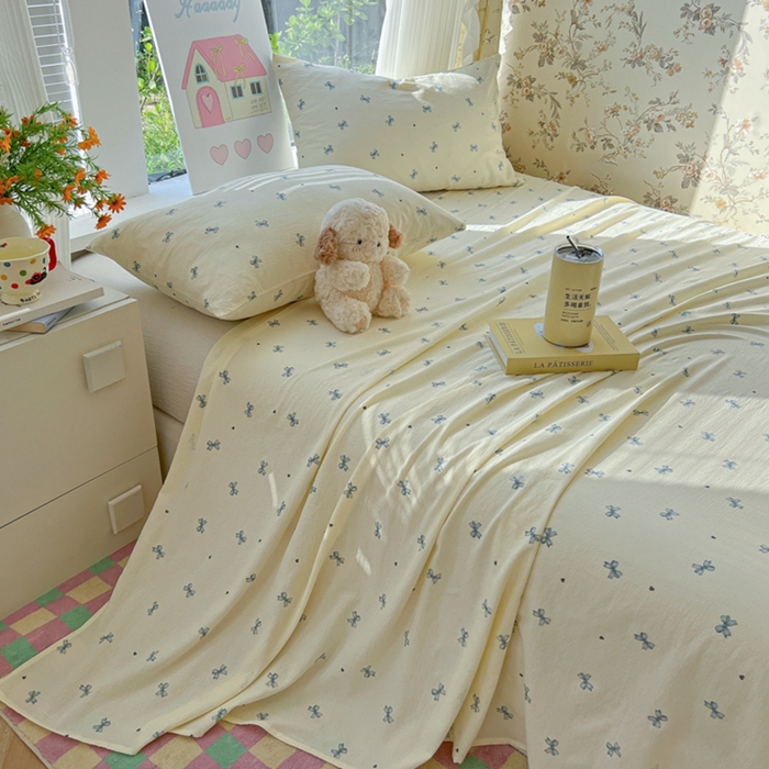 91家纺网 家纺一手货源 找家纺 韩巢家纺 2025新款云感提花双层纱床单被单枕套三件套 蓝相思