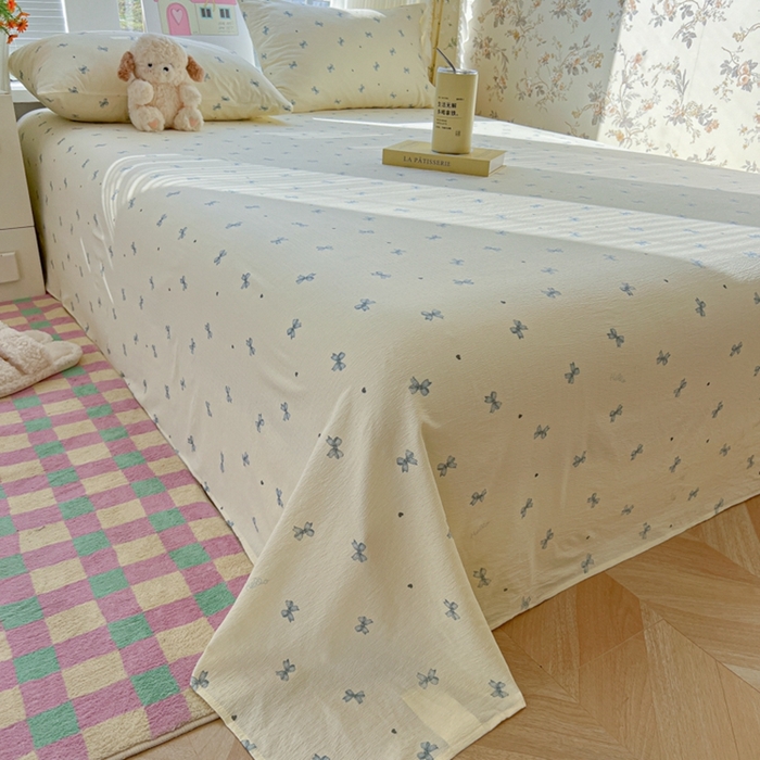 91家纺网 家纺一手货源 找家纺 韩巢家纺 2025新款云感提花双层纱床单被单枕套三件套 蓝相思