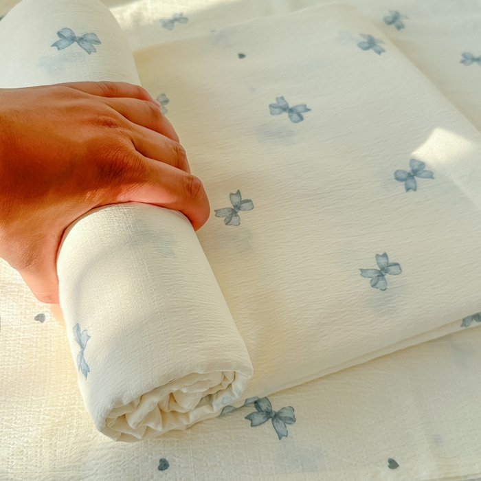 91家纺网 家纺一手货源 找家纺 韩巢家纺 2025新款云感提花双层纱床单被单枕套三件套 蓝相思