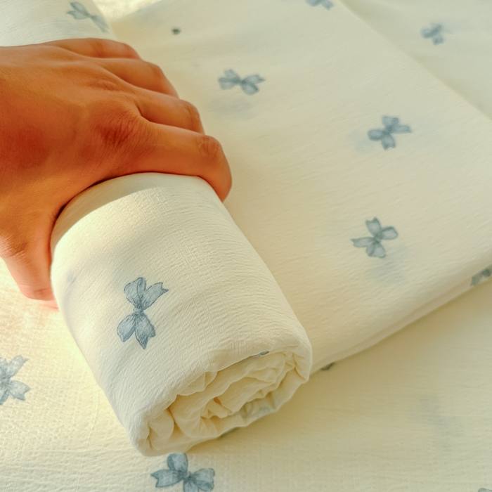 91家纺网 家纺一手货源 找家纺 韩巢家纺 2025新款云感提花双层纱床单被单枕套三件套 蓝相思