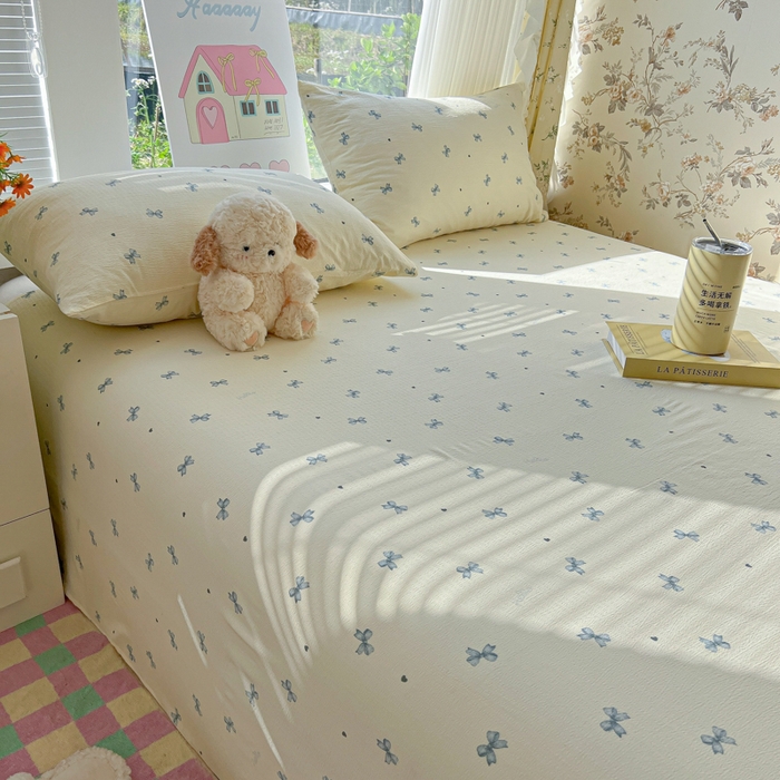 91家纺网 家纺一手货源 找家纺 韩巢家纺 2025新款云感提花双层纱床单被单枕套三件套 蓝相思