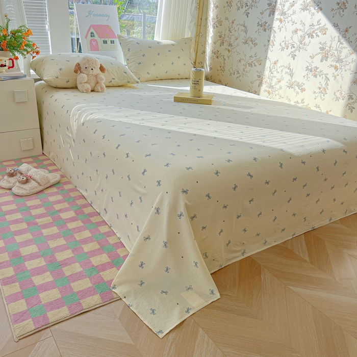 91家纺网 家纺一手货源 找家纺 韩巢家纺 2025新款云感提花双层纱床单被单枕套三件套 蓝相思