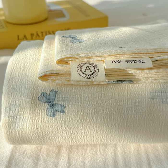 91家纺网 家纺一手货源 找家纺 韩巢家纺 2025新款云感提花双层纱床单被单枕套三件套 蓝相思