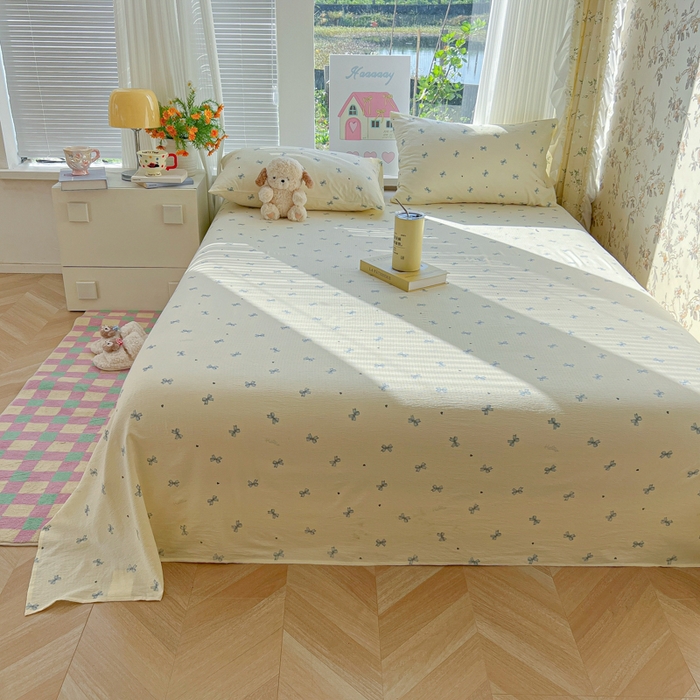 91家纺网 家纺一手货源 找家纺 韩巢家纺 2025新款云感提花双层纱床单被单枕套三件套 蓝相思