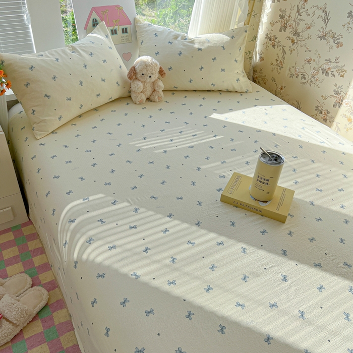 91家纺网 家纺一手货源 找家纺 韩巢家纺 2025新款云感提花双层纱床单被单枕套三件套 蓝相思