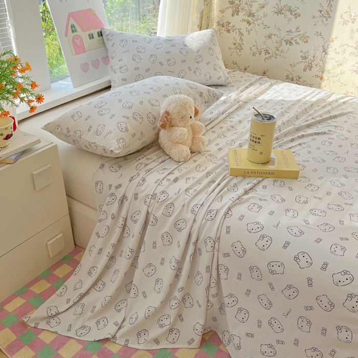 91家纺网 家纺一手货源 找家纺 韩巢家纺 2025新款云感提花双层纱床单被单枕套三件套 猫咪恋人