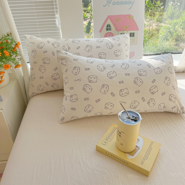 91家纺网 家纺一手货源 找家纺 韩巢家纺 2025新款云感提花双层纱床单被单枕套三件套 猫咪恋人