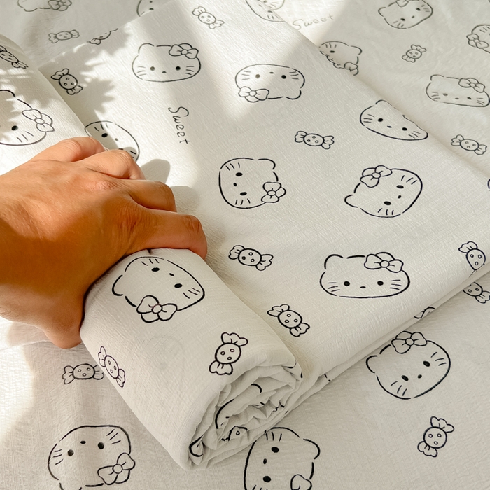 91家纺网 家纺一手货源 找家纺 韩巢家纺 2025新款云感提花双层纱床单被单枕套三件套 猫咪恋人