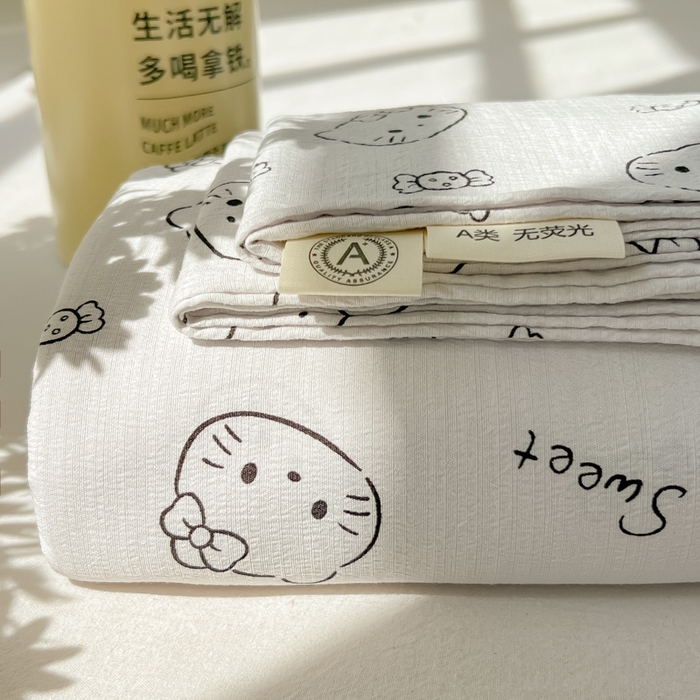 91家纺网 家纺一手货源 找家纺 韩巢家纺 2025新款云感提花双层纱床单被单枕套三件套 猫咪恋人