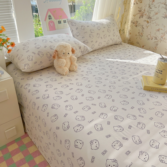 91家纺网 家纺一手货源 找家纺 韩巢家纺 2025新款云感提花双层纱床单被单枕套三件套 猫咪恋人