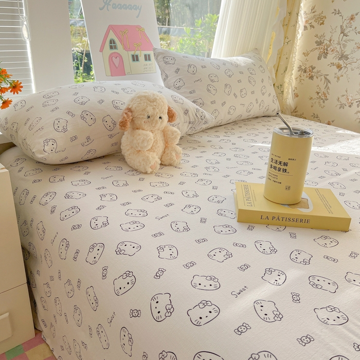 91家纺网 家纺一手货源 找家纺 韩巢家纺 2025新款云感提花双层纱床单被单枕套三件套 猫咪恋人