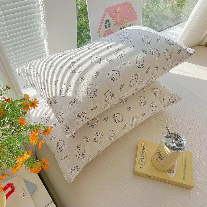 91家纺网 家纺一手货源 找家纺 韩巢家纺 2025新款云感提花双层纱床单被单枕套三件套 猫咪恋人