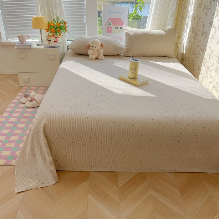 91家纺网 家纺一手货源 找家纺 韩巢家纺 2025新款云感提花双层纱床单被单枕套三件套 米倾心