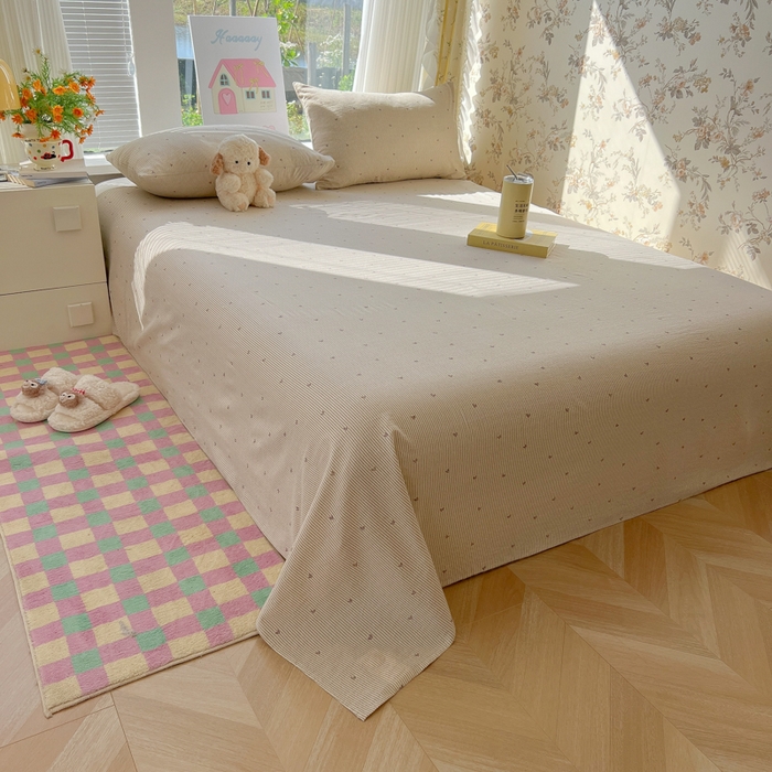 91家纺网 家纺一手货源 找家纺 韩巢家纺 2025新款云感提花双层纱床单被单枕套三件套 米倾心