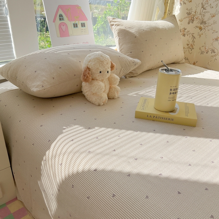 91家纺网 家纺一手货源 找家纺 韩巢家纺 2025新款云感提花双层纱床单被单枕套三件套 米倾心