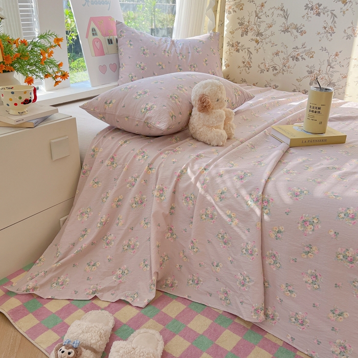 91家纺网 家纺一手货源 找家纺 韩巢家纺 2025新款云感提花双层纱床单被单枕套三件套 奶油味的暗恋