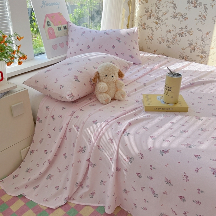 91家纺网 家纺一手货源 找家纺 韩巢家纺 2025新款云感提花双层纱床单被单枕套三件套 葡萄七分甜