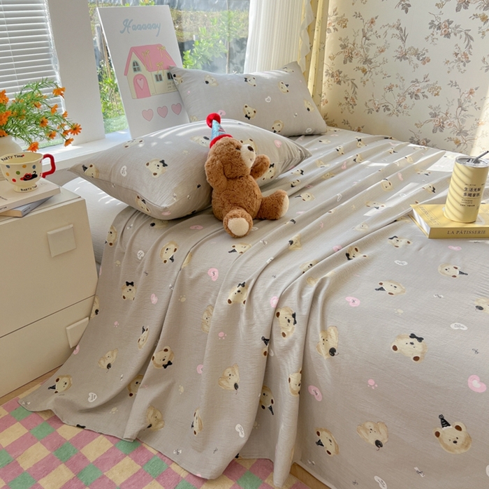 91家纺网 家纺一手货源 找家纺 韩巢家纺 2025新款云感提花双层纱床单被单枕套三件套 奇妙小熊