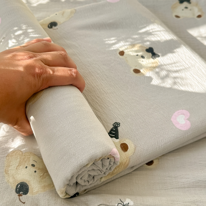 91家纺网 家纺一手货源 找家纺 韩巢家纺 2025新款云感提花双层纱床单被单枕套三件套 奇妙小熊