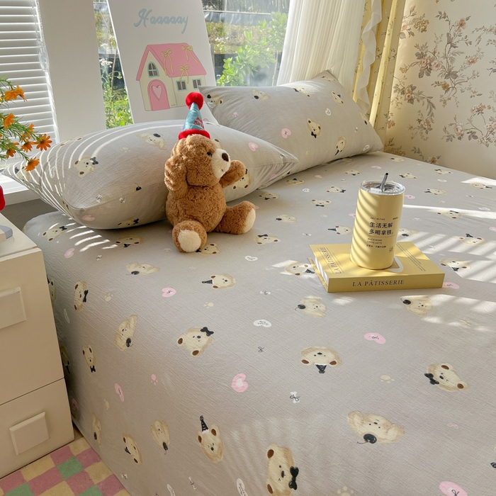 91家纺网 家纺一手货源 找家纺 韩巢家纺 2025新款云感提花双层纱床单被单枕套三件套 奇妙小熊