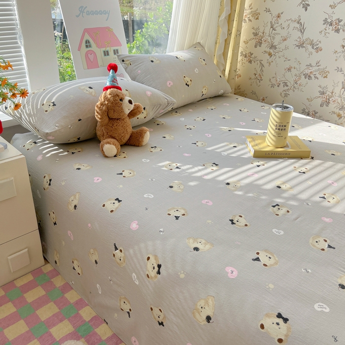 91家纺网 家纺一手货源 找家纺 韩巢家纺 2025新款云感提花双层纱床单被单枕套三件套 奇妙小熊