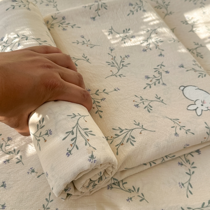 91家纺网 家纺一手货源 找家纺 韩巢家纺 2025新款云感提花双层纱床单被单枕套三件套 森田野园