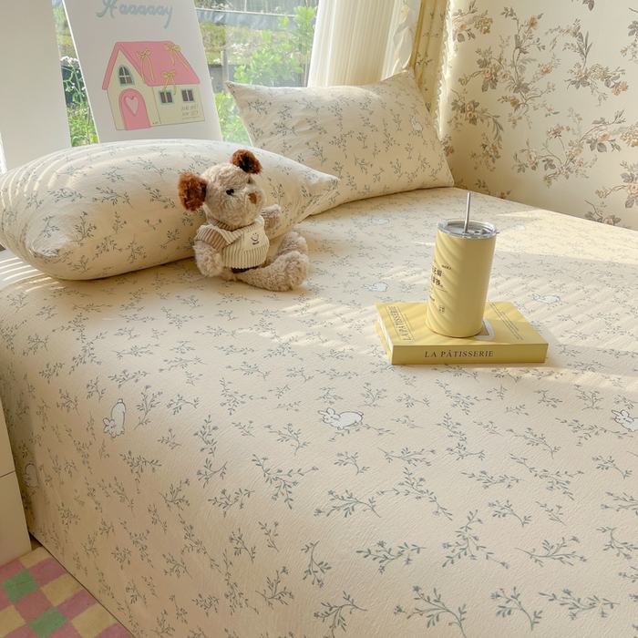 91家纺网 家纺一手货源 找家纺 韩巢家纺 2025新款云感提花双层纱床单被单枕套三件套 森田野园