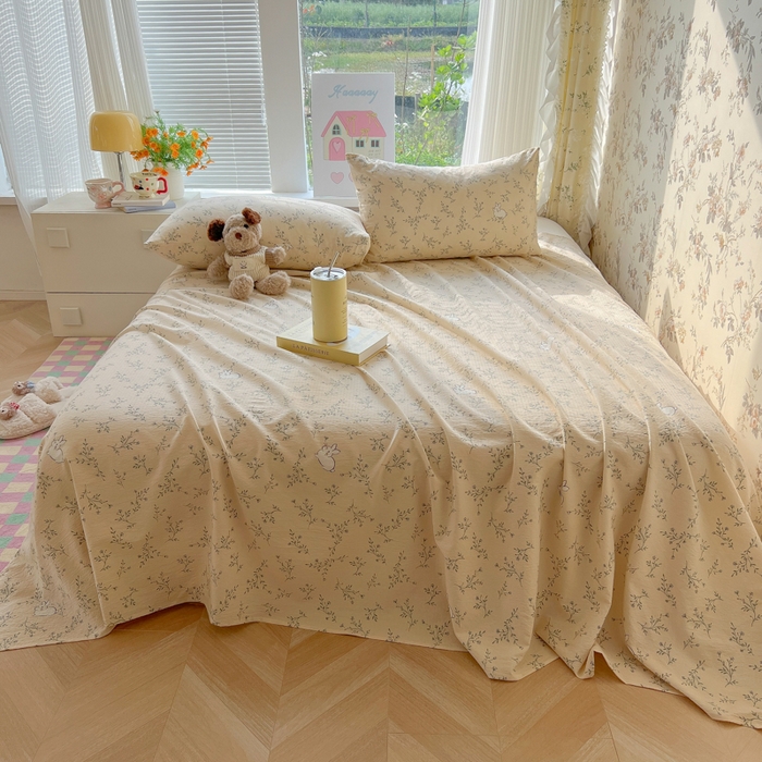 91家纺网 家纺一手货源 找家纺 韩巢家纺 2025新款云感提花双层纱床单被单枕套三件套 森田野园