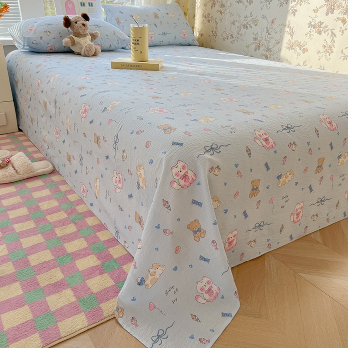 91家纺网 家纺一手货源 找家纺 韩巢家纺 2025新款云感提花双层纱床单被单枕套三件套 小猫时光篮